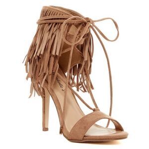 Breckelle’s Tan Zip Up Roma-63 Suede Peep Toe Fringe Tie Stiletto Zipper Heels 7